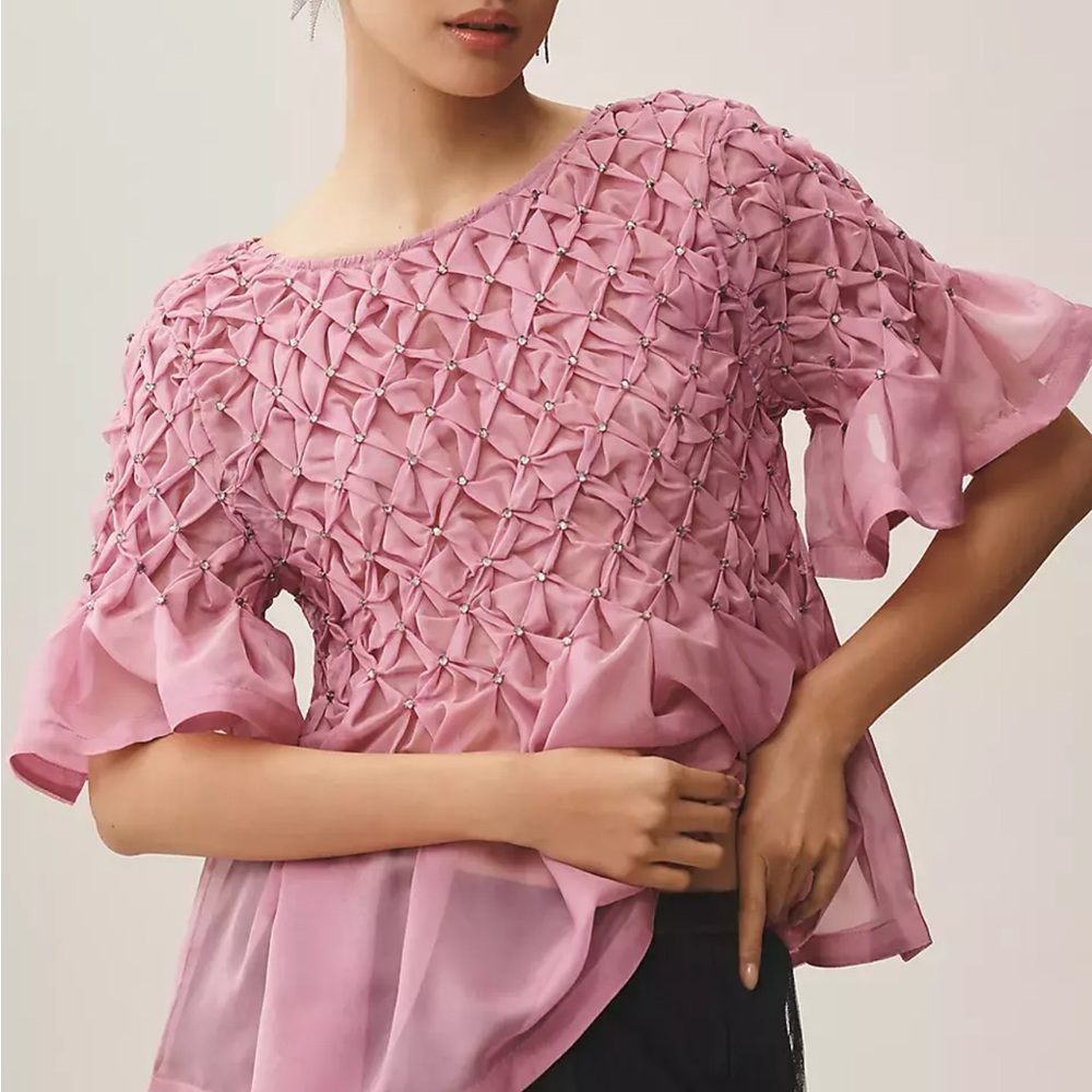 Maeve Pink Peplum Blouse with Ruffled Bell Sleeves